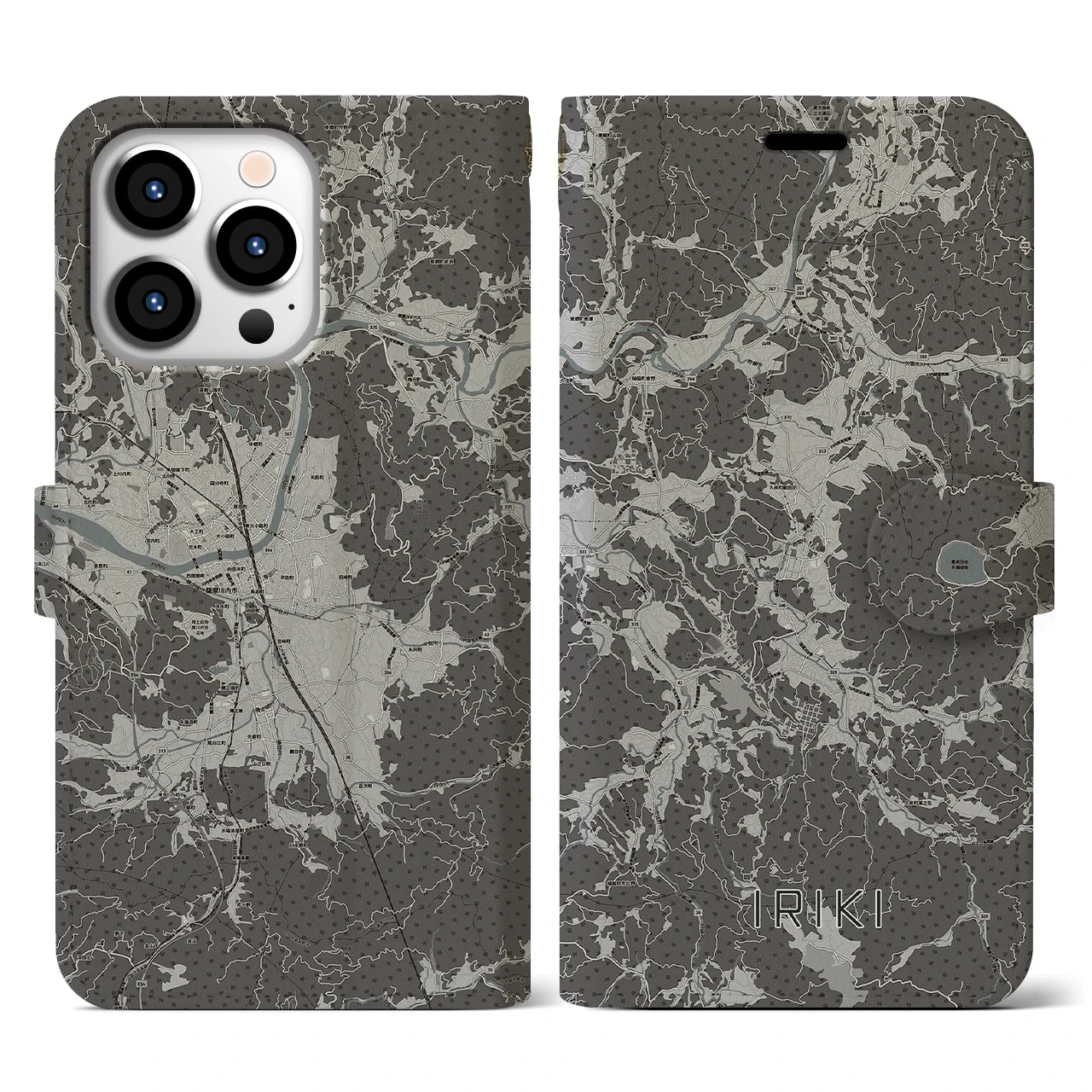 【入来(鹿児島県)】地図柄iPhoneケース(手帳タイプ)モノトーン・iPhone 13 Pro 用