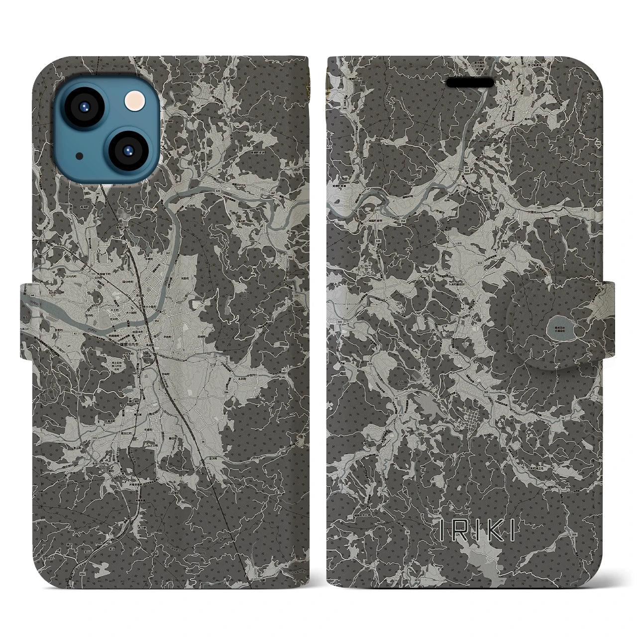 【入来(鹿児島県)】地図柄iPhoneケース(手帳タイプ)モノトーン・iPhone 13 用