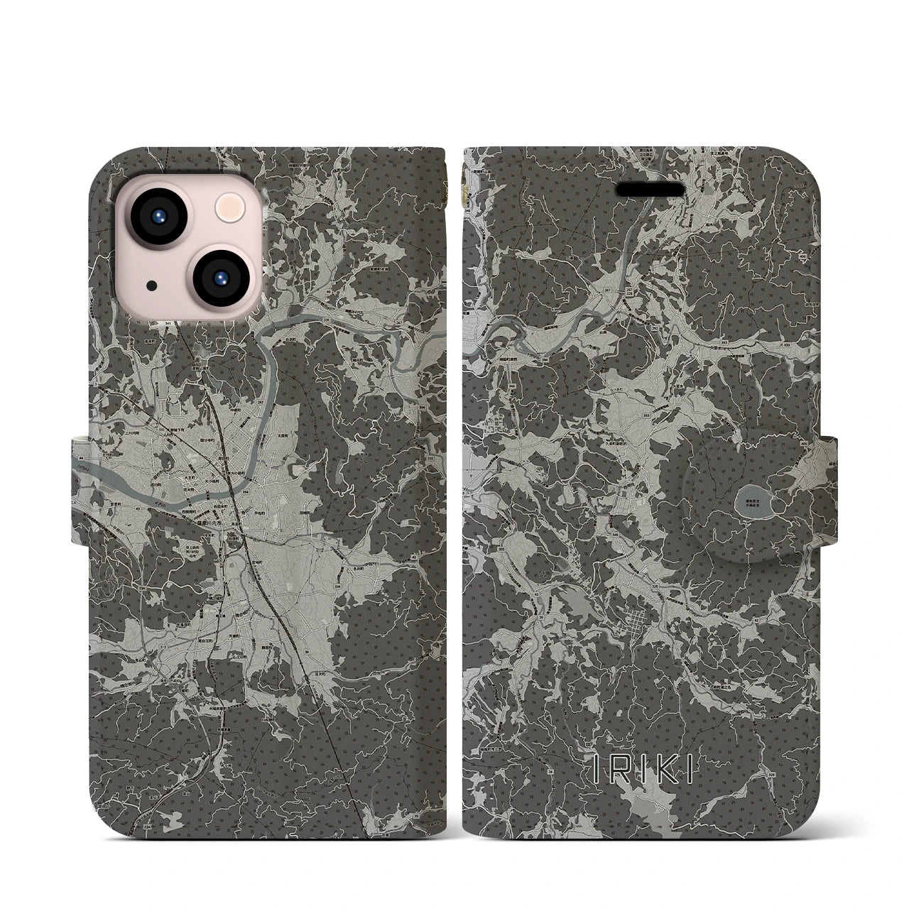 【入来(鹿児島県)】地図柄iPhoneケース(手帳タイプ)モノトーン・iPhone 13 mini 用