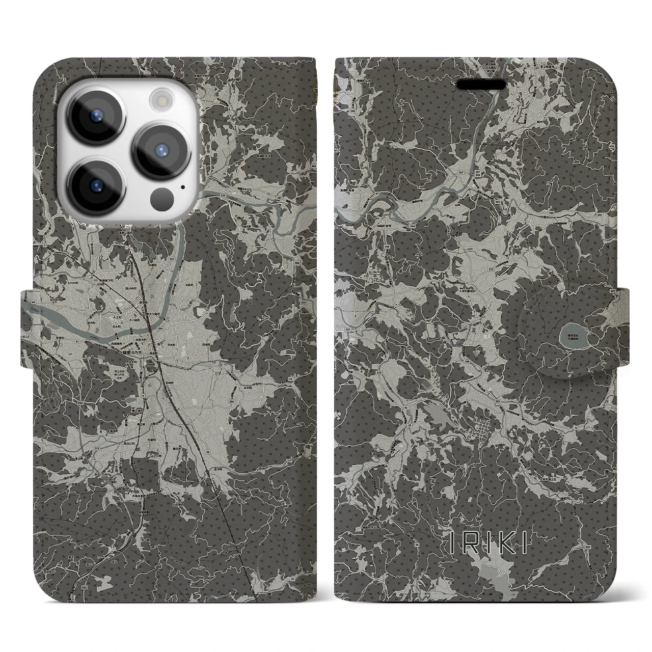【入来(鹿児島県)】地図柄iPhoneケース(手帳タイプ)モノトーン・iPhone 14 Pro 用