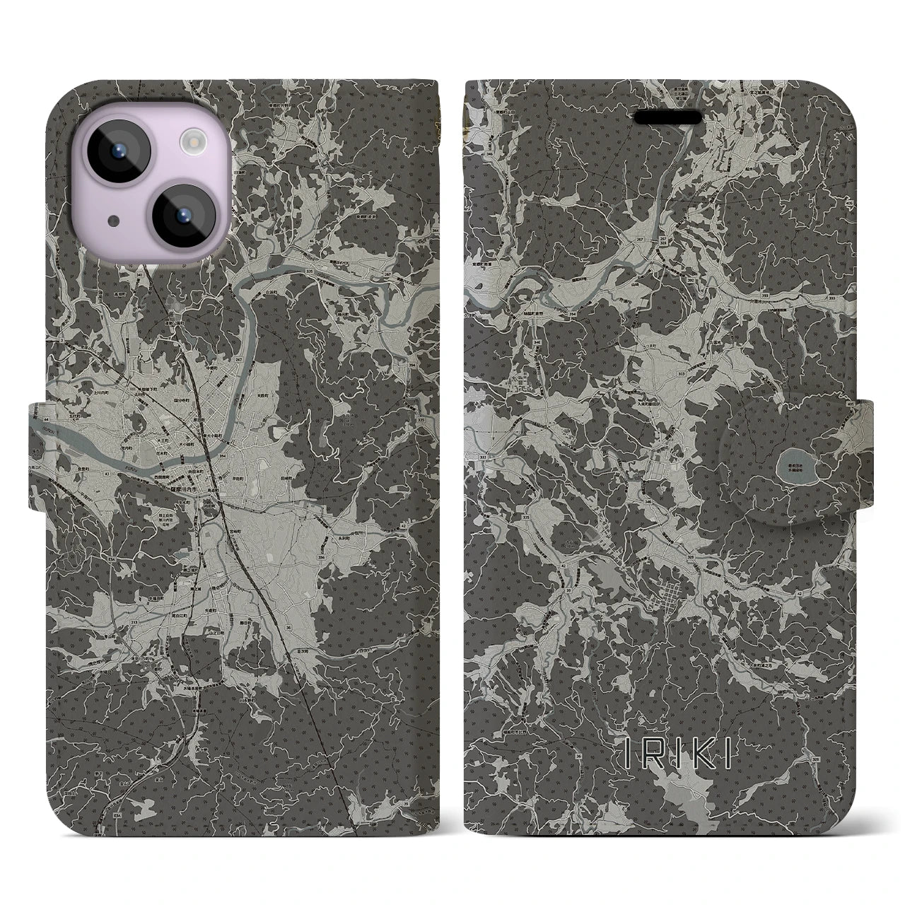 【入来(鹿児島県)】地図柄iPhoneケース(手帳タイプ)モノトーン・iPhone 14 用