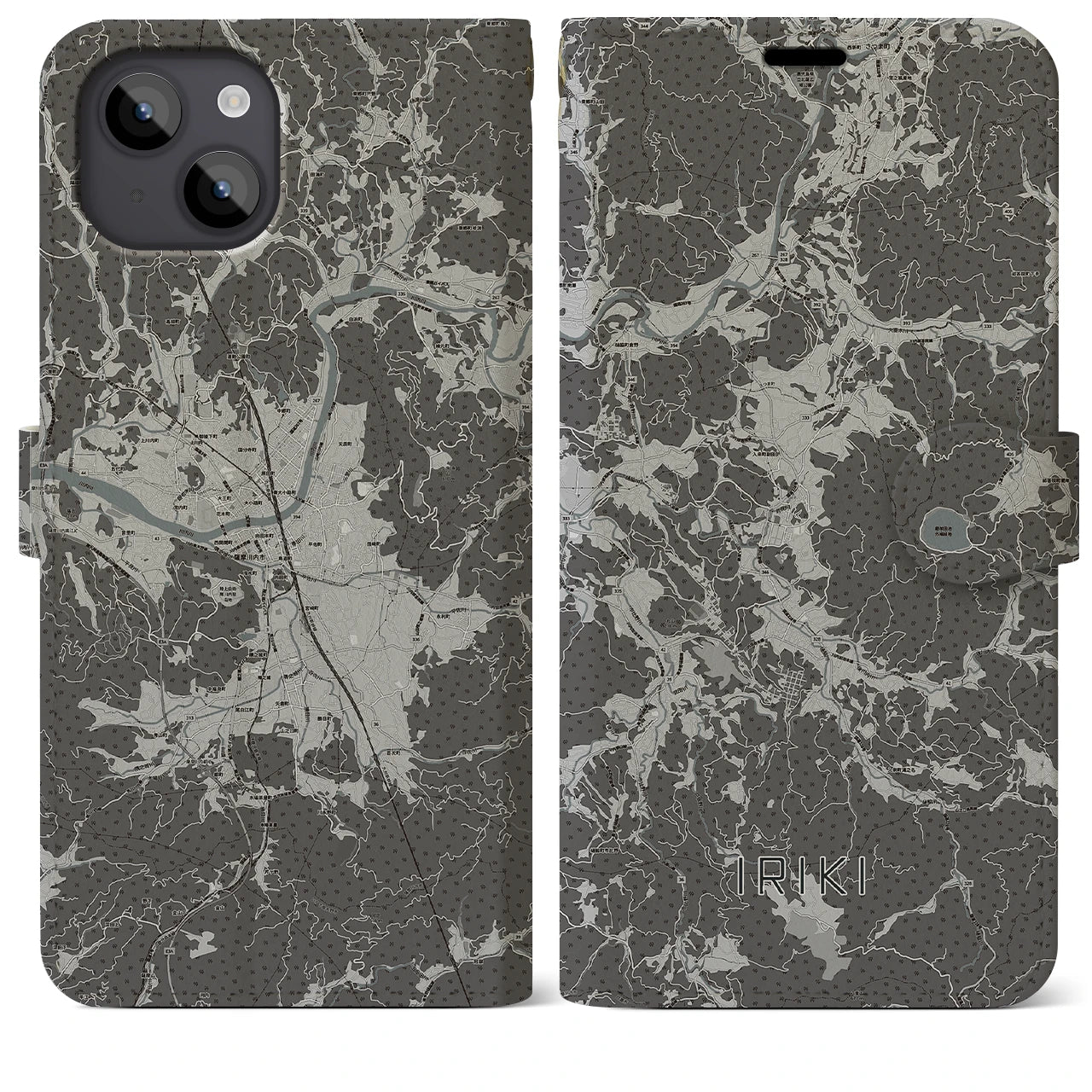 【入来(鹿児島県)】地図柄iPhoneケース(手帳タイプ)モノトーン・iPhone 14 Plus 用