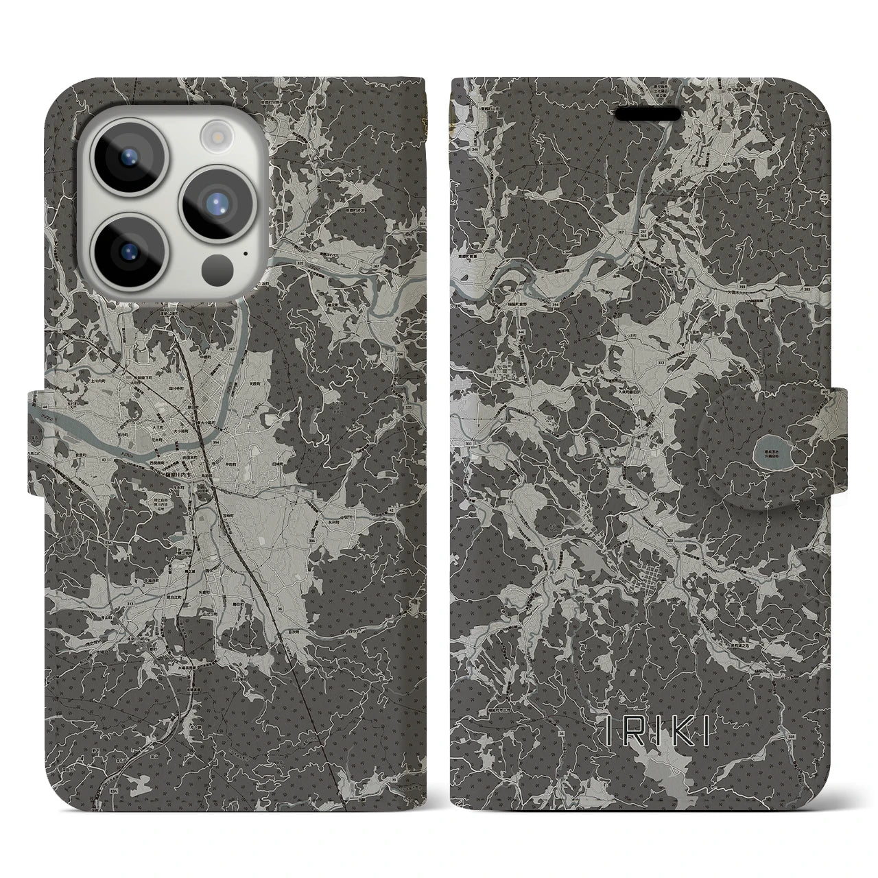 【入来(鹿児島県)】地図柄iPhoneケース(手帳タイプ)モノトーン・iPhone 15 Pro 用