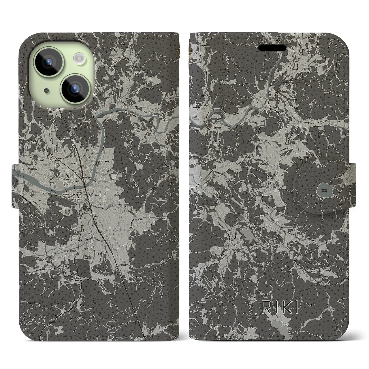 【入来(鹿児島県)】地図柄iPhoneケース(手帳タイプ)モノトーン・iPhone 15 用