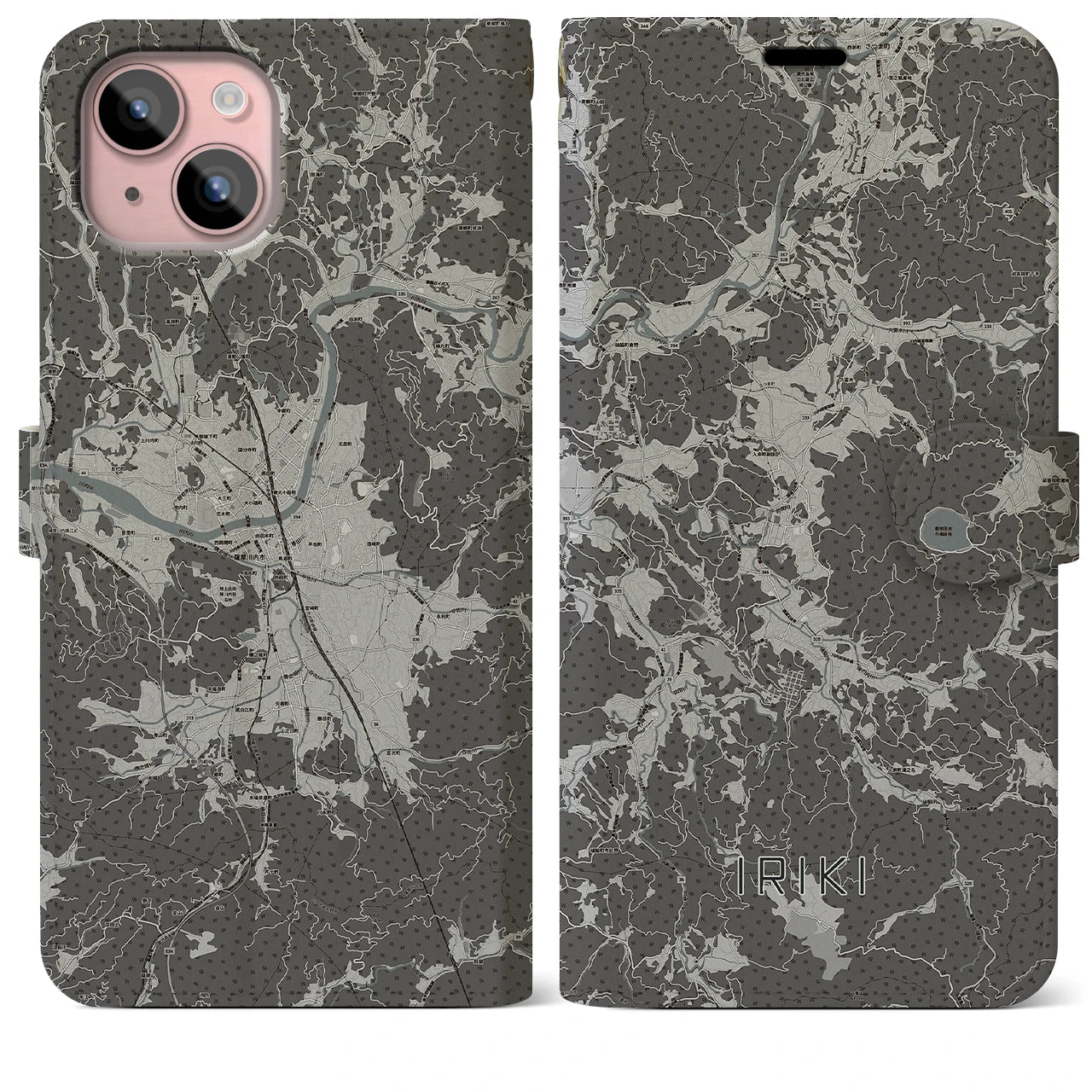 【入来(鹿児島県)】地図柄iPhoneケース(手帳タイプ)モノトーン・iPhone 15 Plus 用