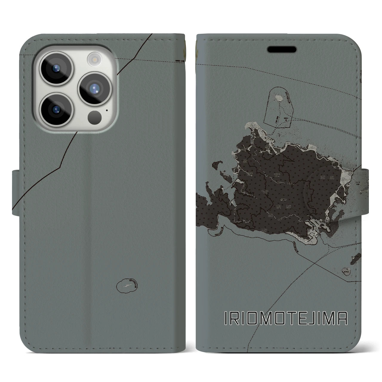 【西表島(沖縄県)】地図柄iPhoneケース(手帳タイプ)モノトーン・iPhone 15 Pro 用