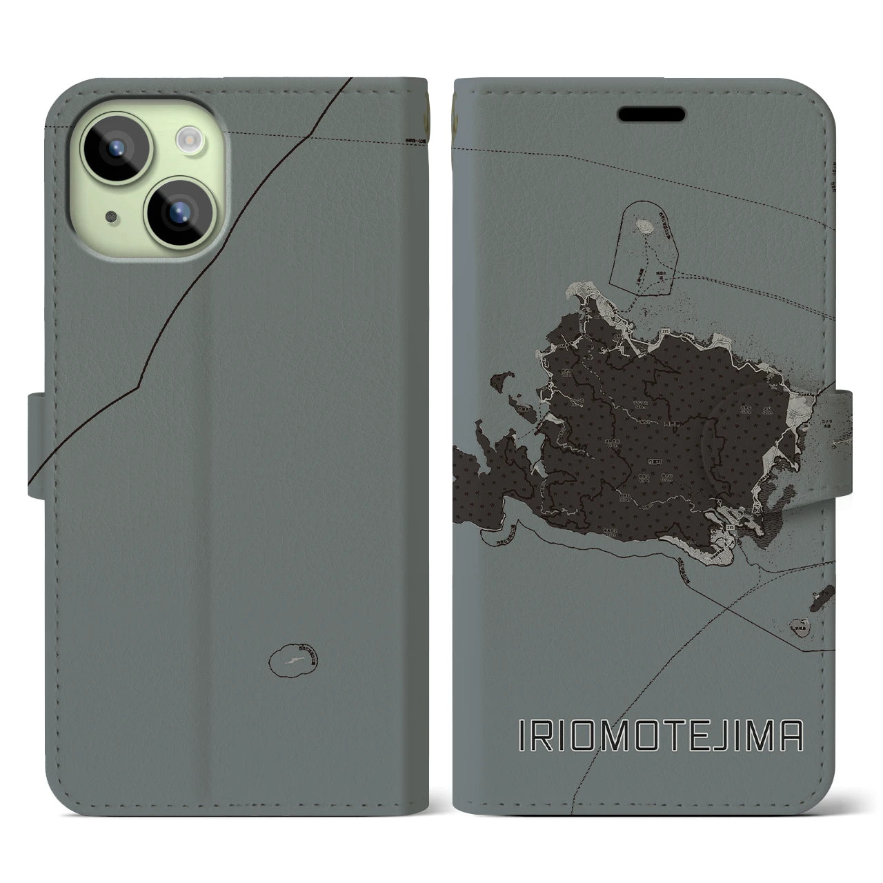 【西表島(沖縄県)】地図柄iPhoneケース(手帳タイプ)モノトーン・iPhone 15 用
