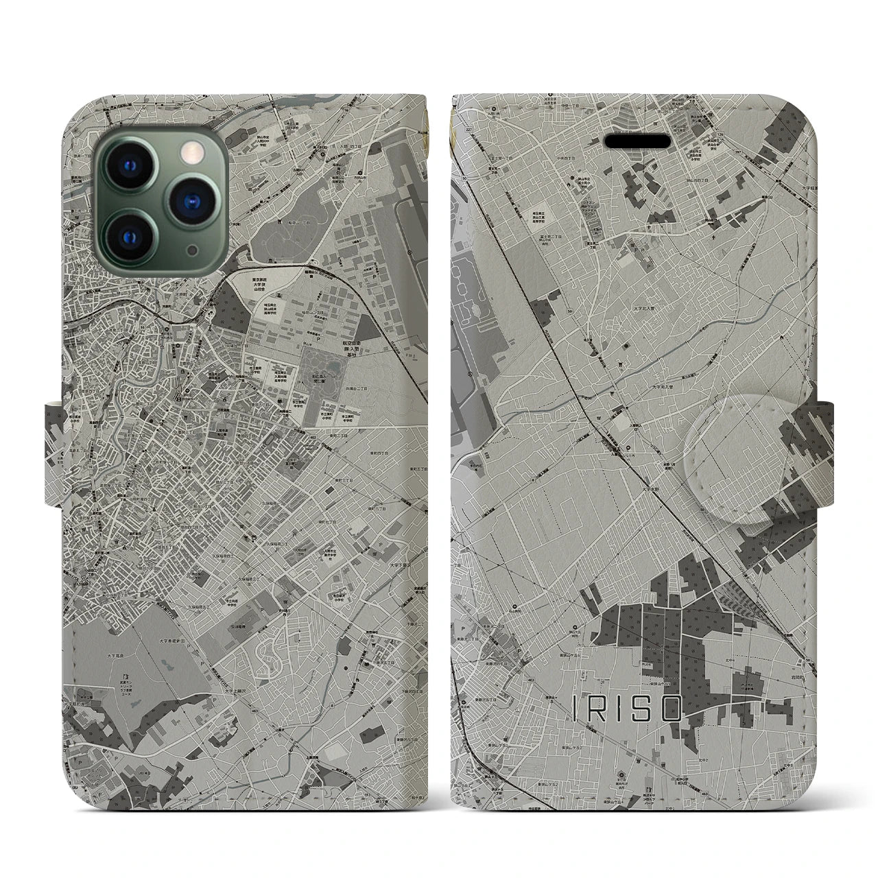 【入曽(埼玉県)】地図柄iPhoneケース(手帳タイプ)モノトーン・iPhone 11 Pro 用