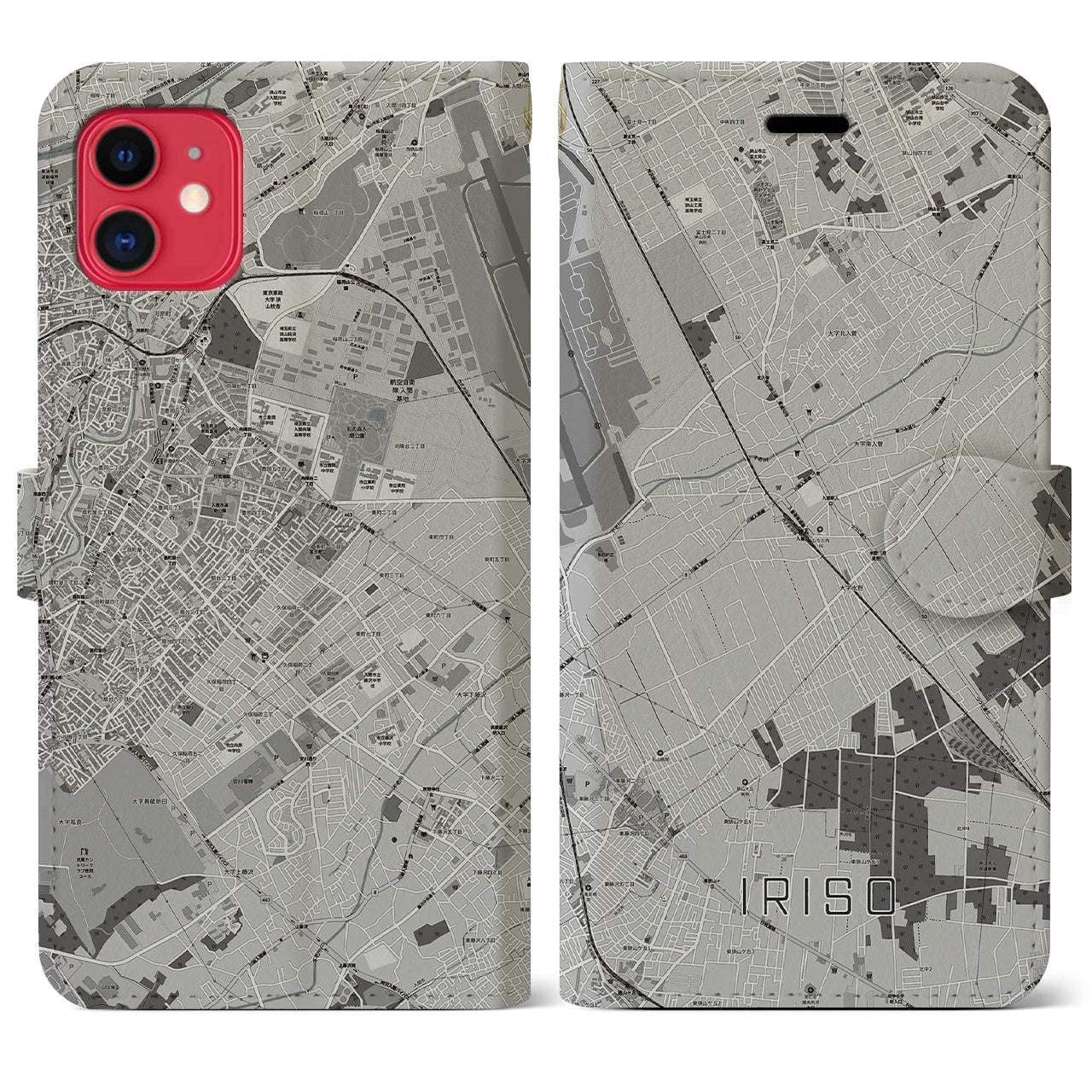 【入曽(埼玉県)】地図柄iPhoneケース(手帳タイプ)モノトーン・iPhone 11 用