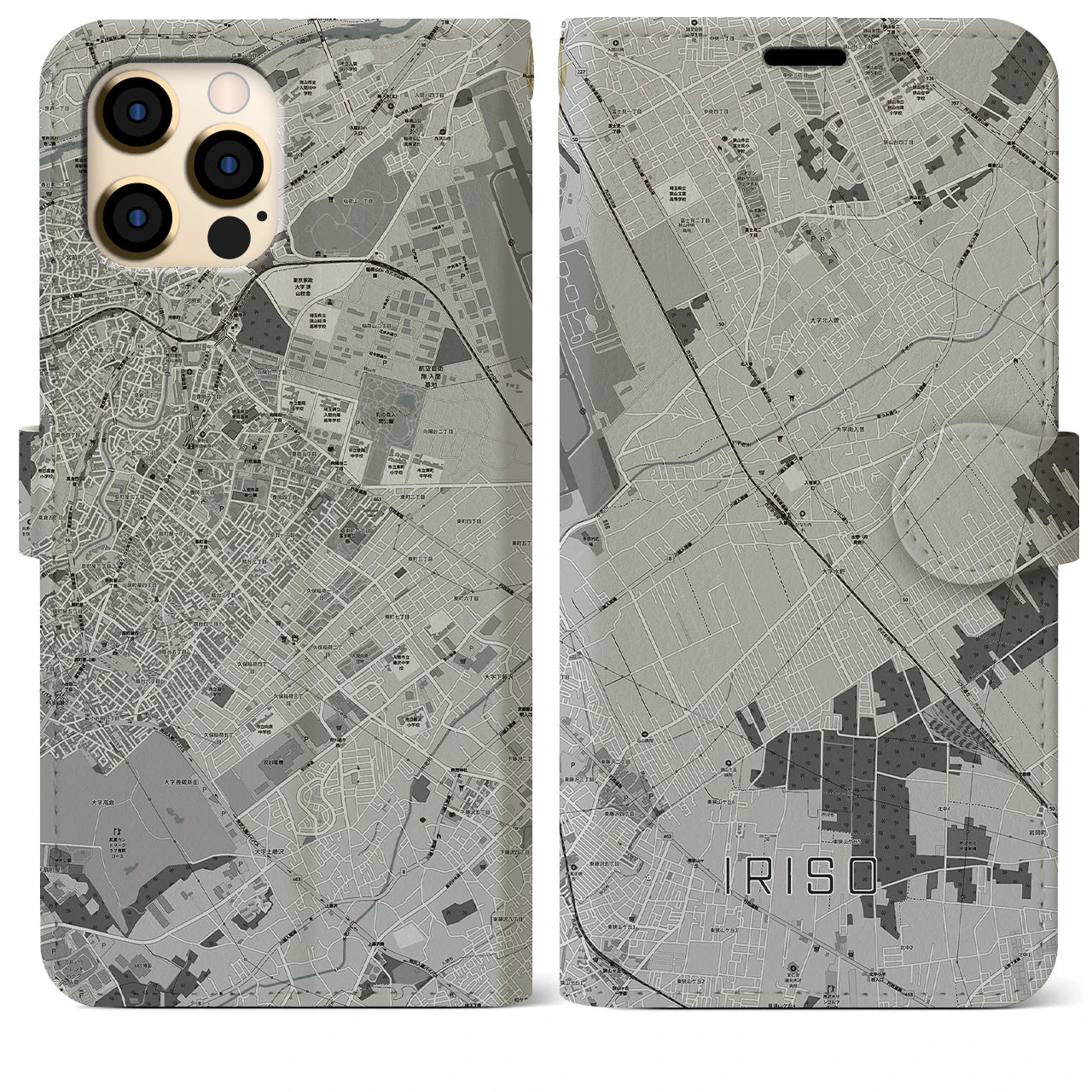 【入曽(埼玉県)】地図柄iPhoneケース(手帳タイプ)モノトーン・iPhone 12 Pro Max 用
