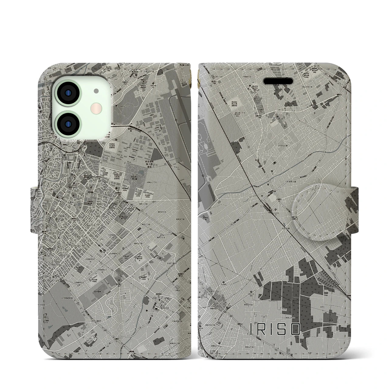 【入曽(埼玉県)】地図柄iPhoneケース(手帳タイプ)モノトーン・iPhone 12 mini 用