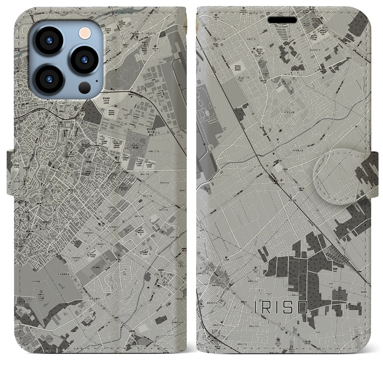 【入曽(埼玉県)】地図柄iPhoneケース(手帳タイプ)モノトーン・iPhone 13 Pro Max 用
