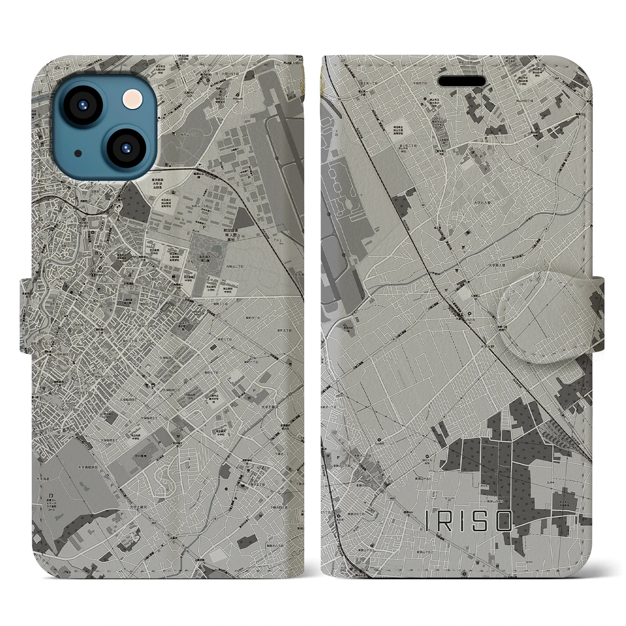 【入曽(埼玉県)】地図柄iPhoneケース(手帳タイプ)モノトーン・iPhone 13 用