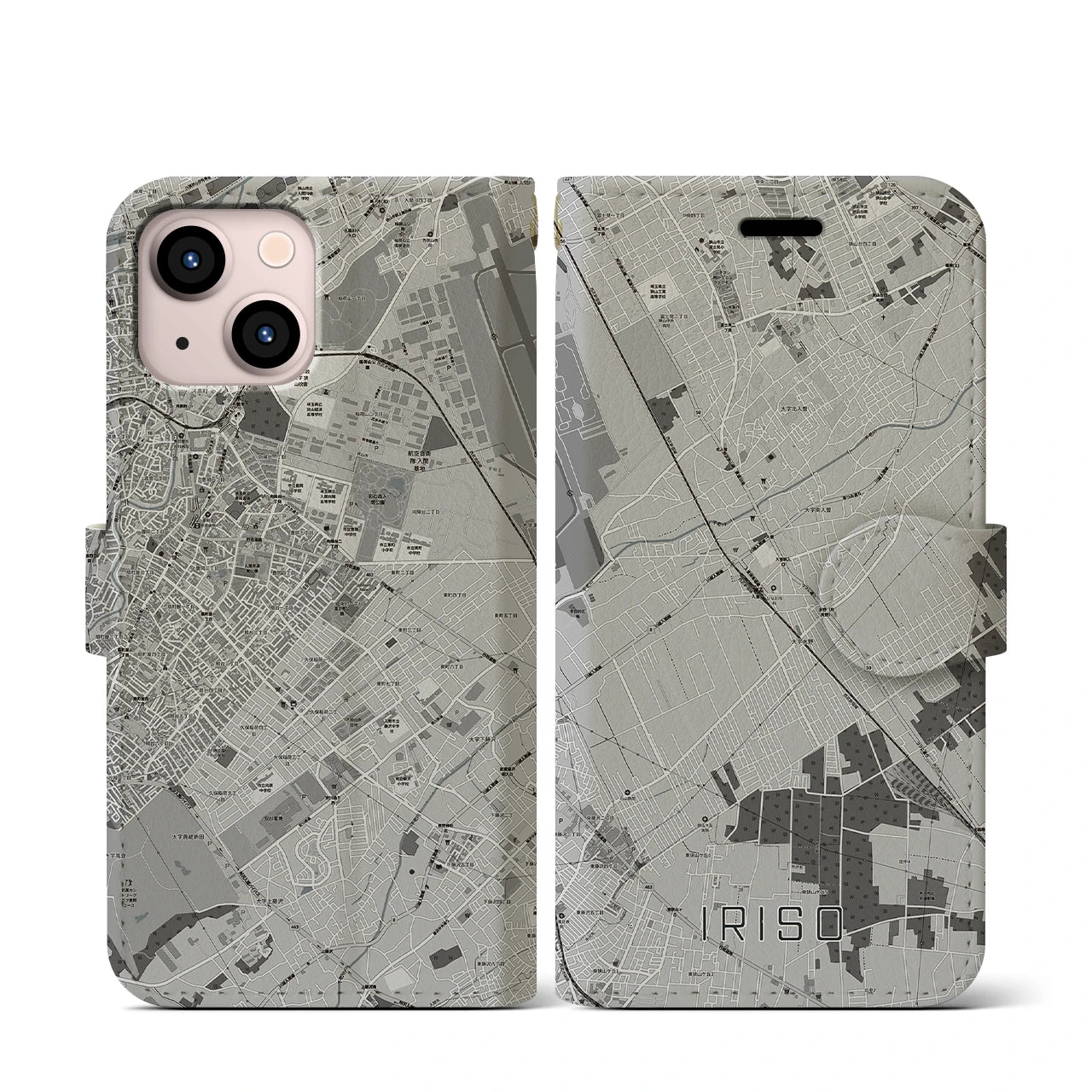 【入曽(埼玉県)】地図柄iPhoneケース(手帳タイプ)モノトーン・iPhone 13 mini 用