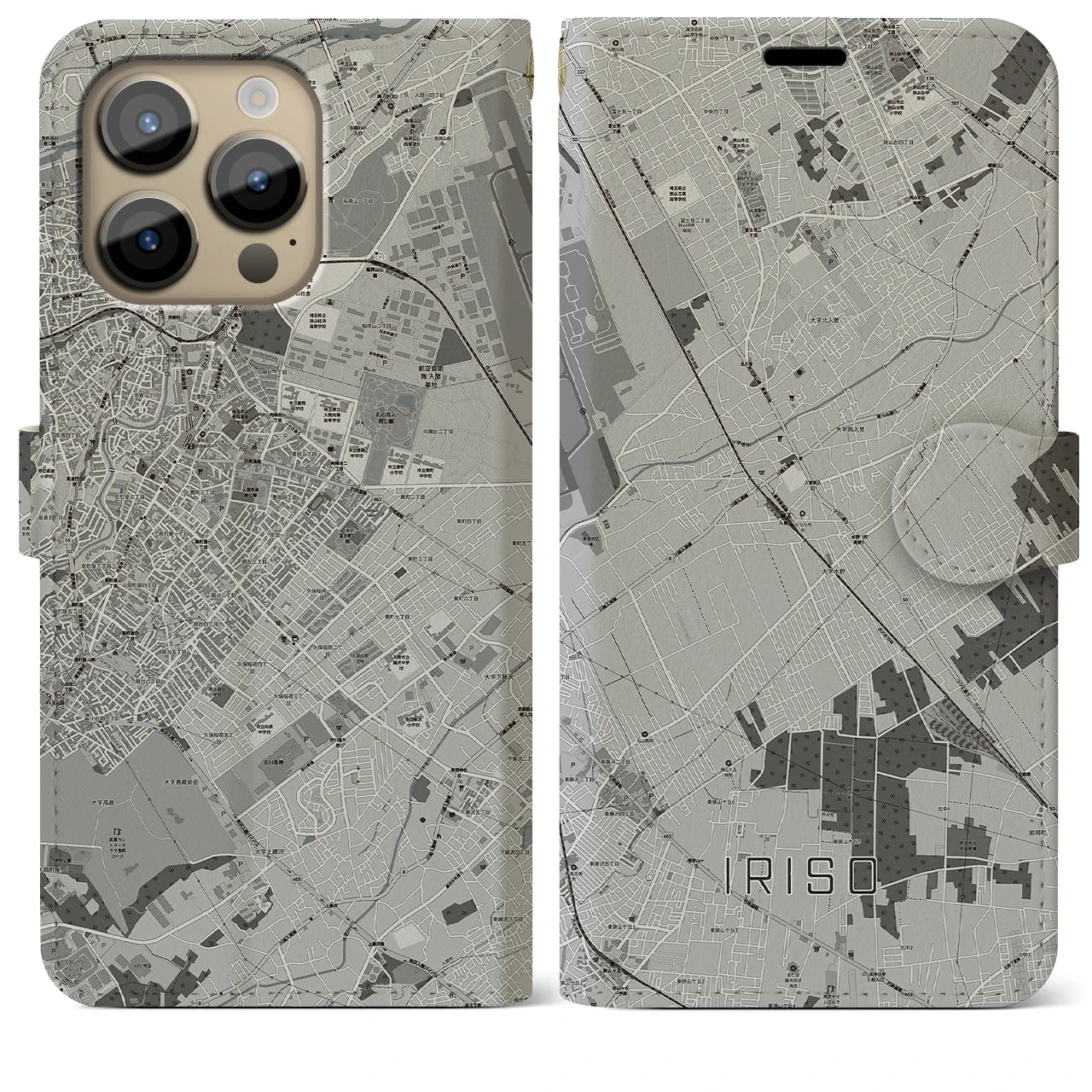 【入曽(埼玉県)】地図柄iPhoneケース(手帳タイプ)モノトーン・iPhone 14 Pro Max 用
