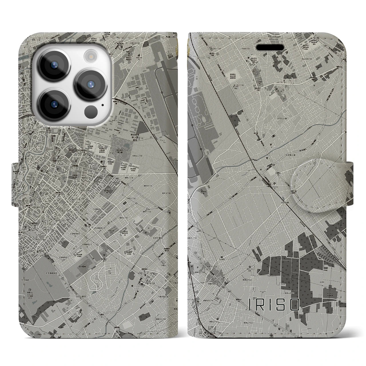 【入曽(埼玉県)】地図柄iPhoneケース(手帳タイプ)モノトーン・iPhone 14 Pro 用