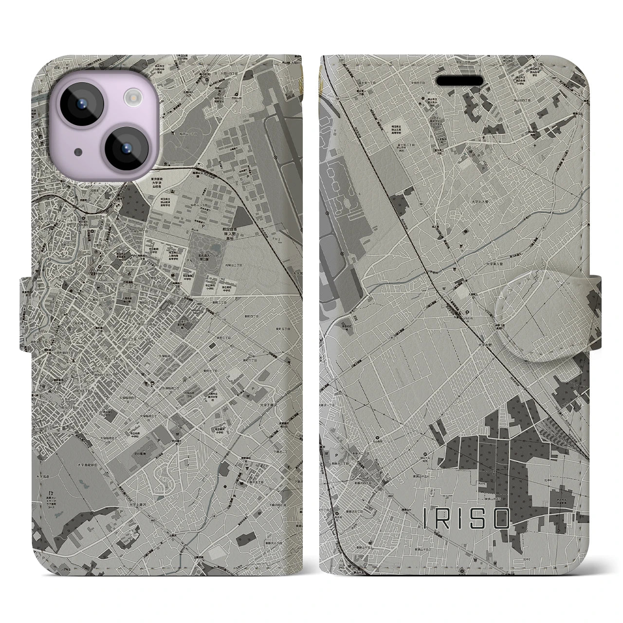 【入曽(埼玉県)】地図柄iPhoneケース(手帳タイプ)モノトーン・iPhone 14 用