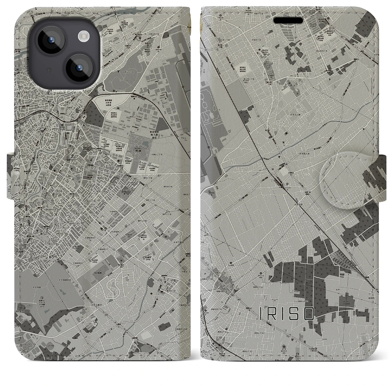 【入曽(埼玉県)】地図柄iPhoneケース(手帳タイプ)モノトーン・iPhone 14 Plus 用