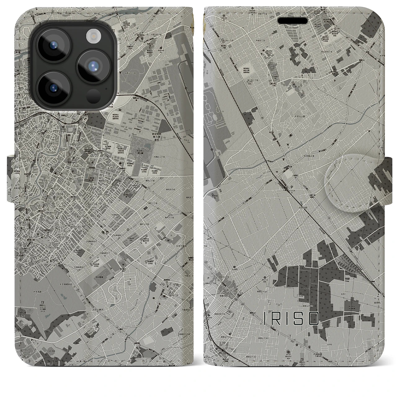 【入曽(埼玉県)】地図柄iPhoneケース(手帳タイプ)モノトーン・iPhone 15 Pro Max 用