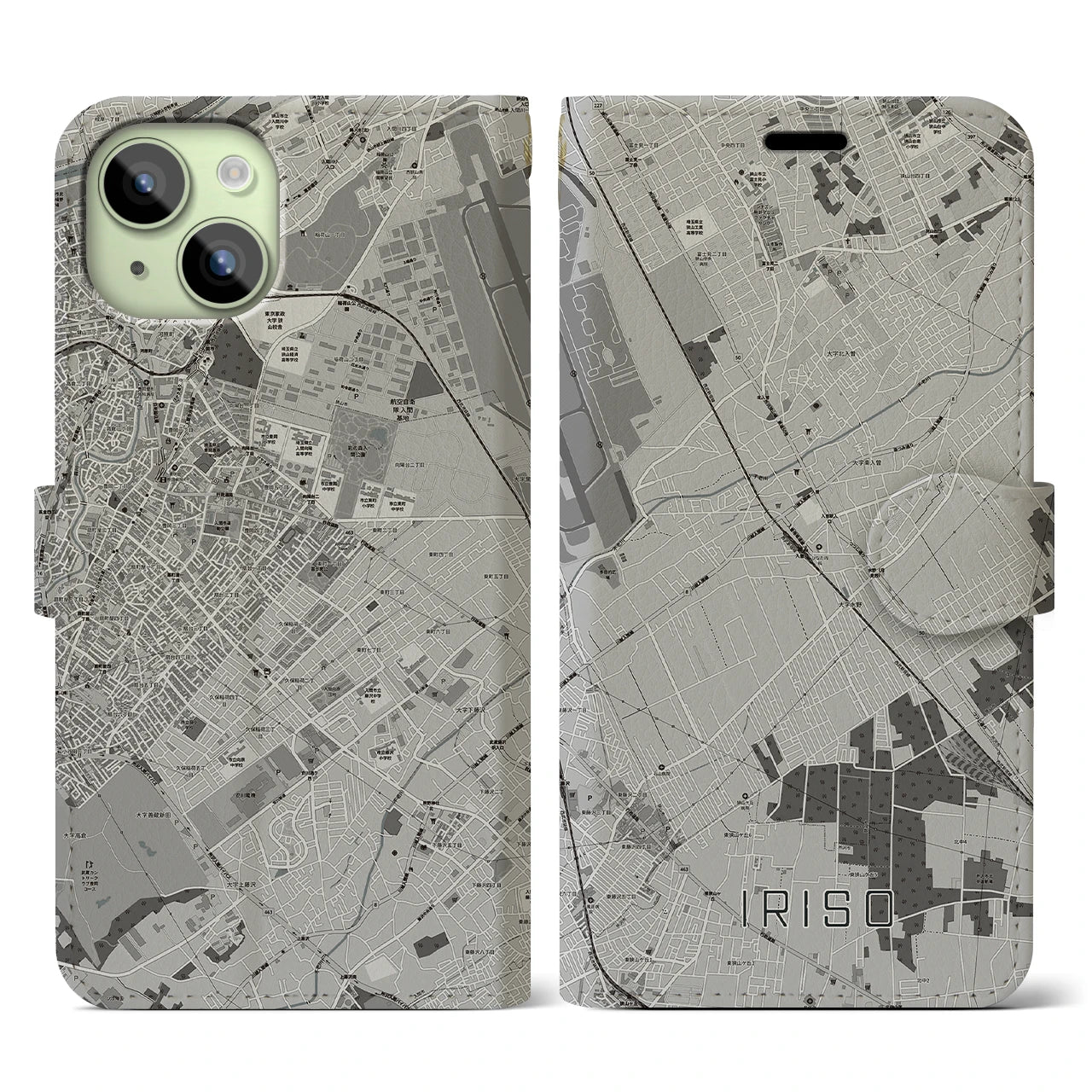 【入曽(埼玉県)】地図柄iPhoneケース(手帳タイプ)モノトーン・iPhone 15 用