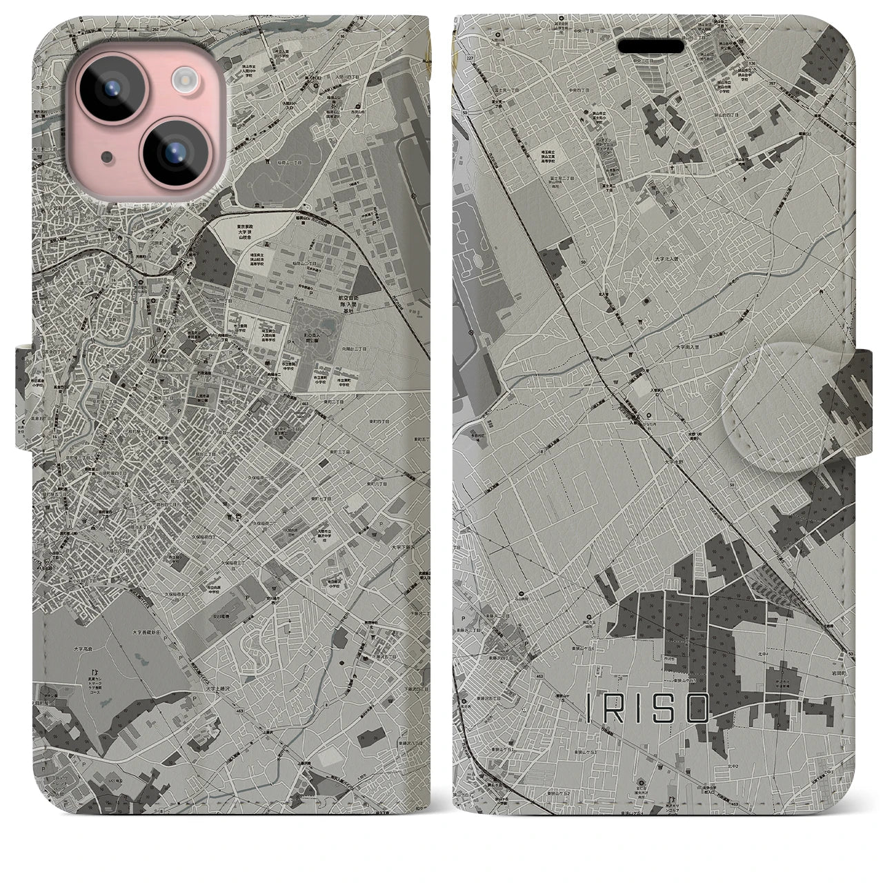 【入曽(埼玉県)】地図柄iPhoneケース(手帳タイプ)モノトーン・iPhone 15 Plus 用