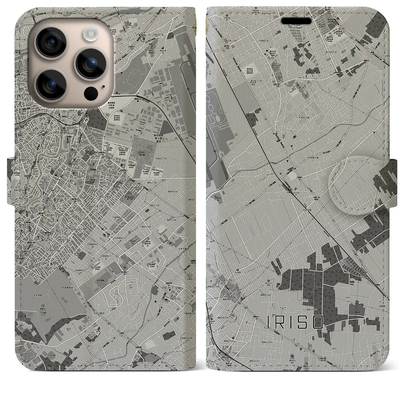 【入曽(埼玉県)】地図柄iPhoneケース(手帳タイプ)モノトーン・iPhone 16 Plus 用
