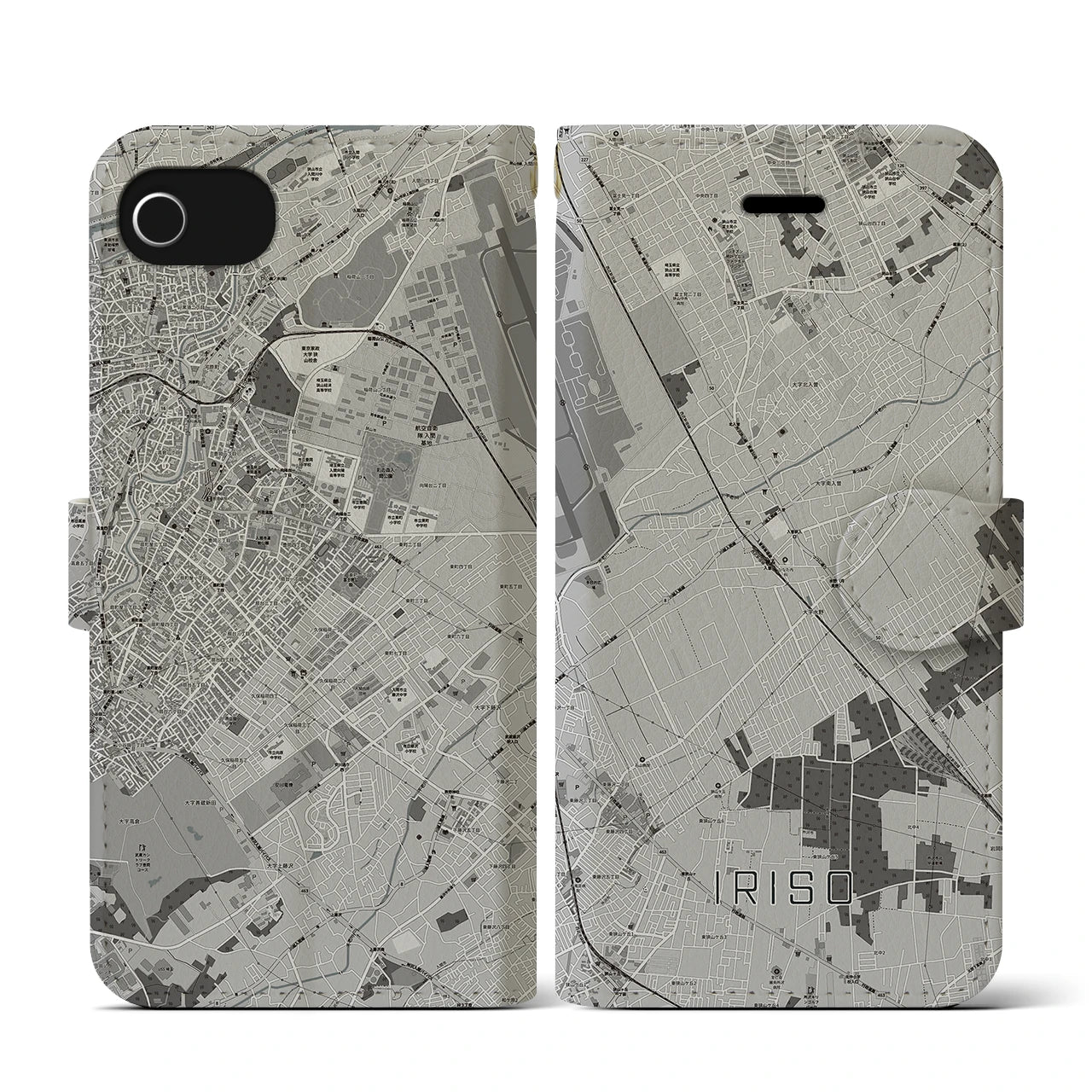 【入曽(埼玉県)】地図柄iPhoneケース(手帳タイプ)モノトーン・iPhone SE(第3 / 第2世代) / 8 / 7 / 6s / 6 用