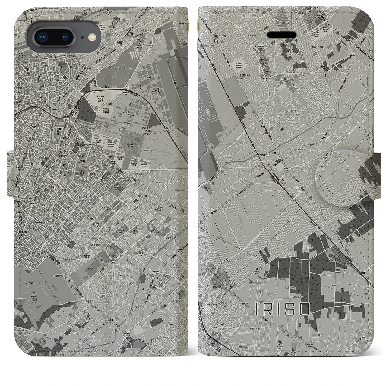 【入曽(埼玉県)】地図柄iPhoneケース(手帳タイプ)モノトーン・iPhone 8Plus /7Plus / 6sPlus / 6Plus 用