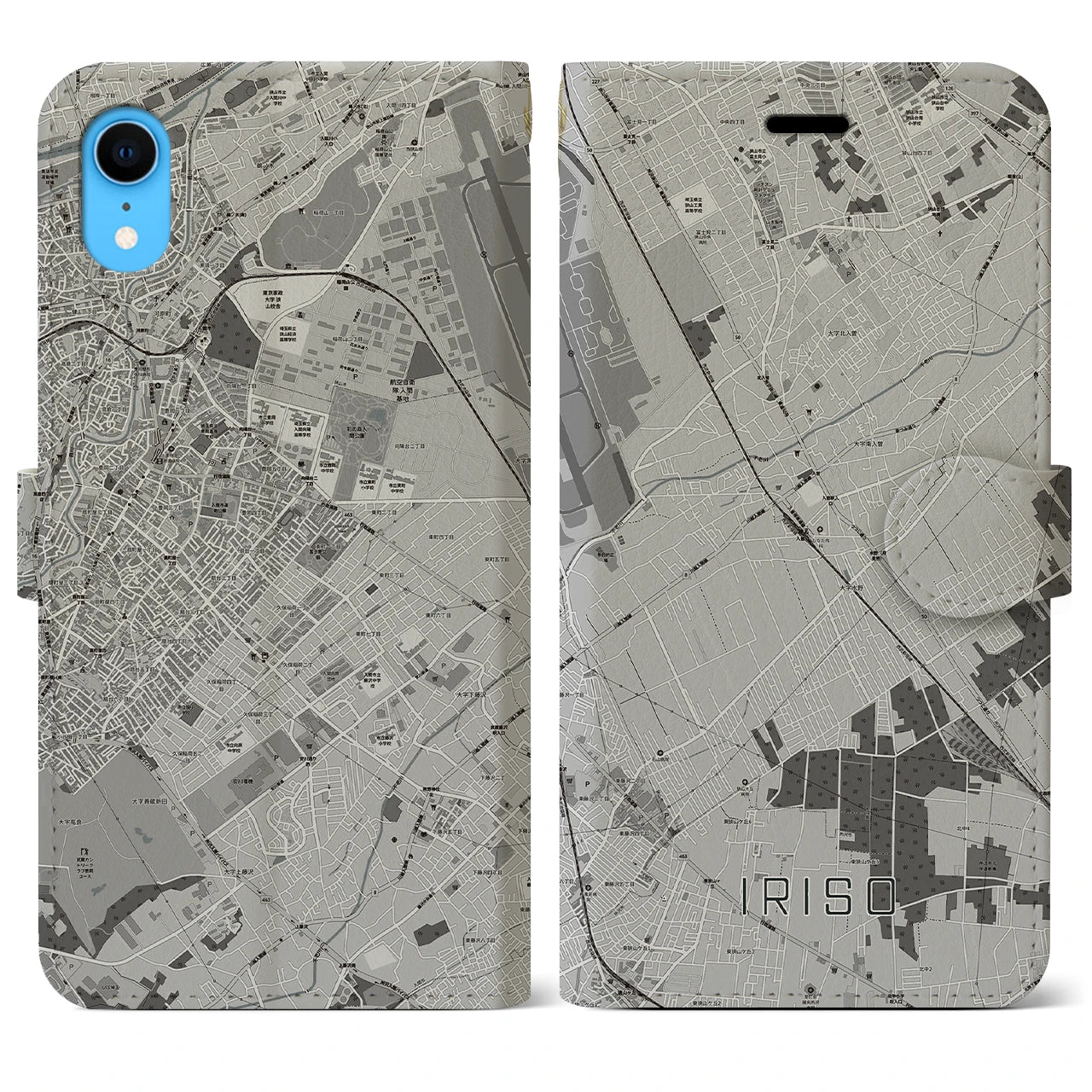 【入曽(埼玉県)】地図柄iPhoneケース(手帳タイプ)モノトーン・iPhone XR 用