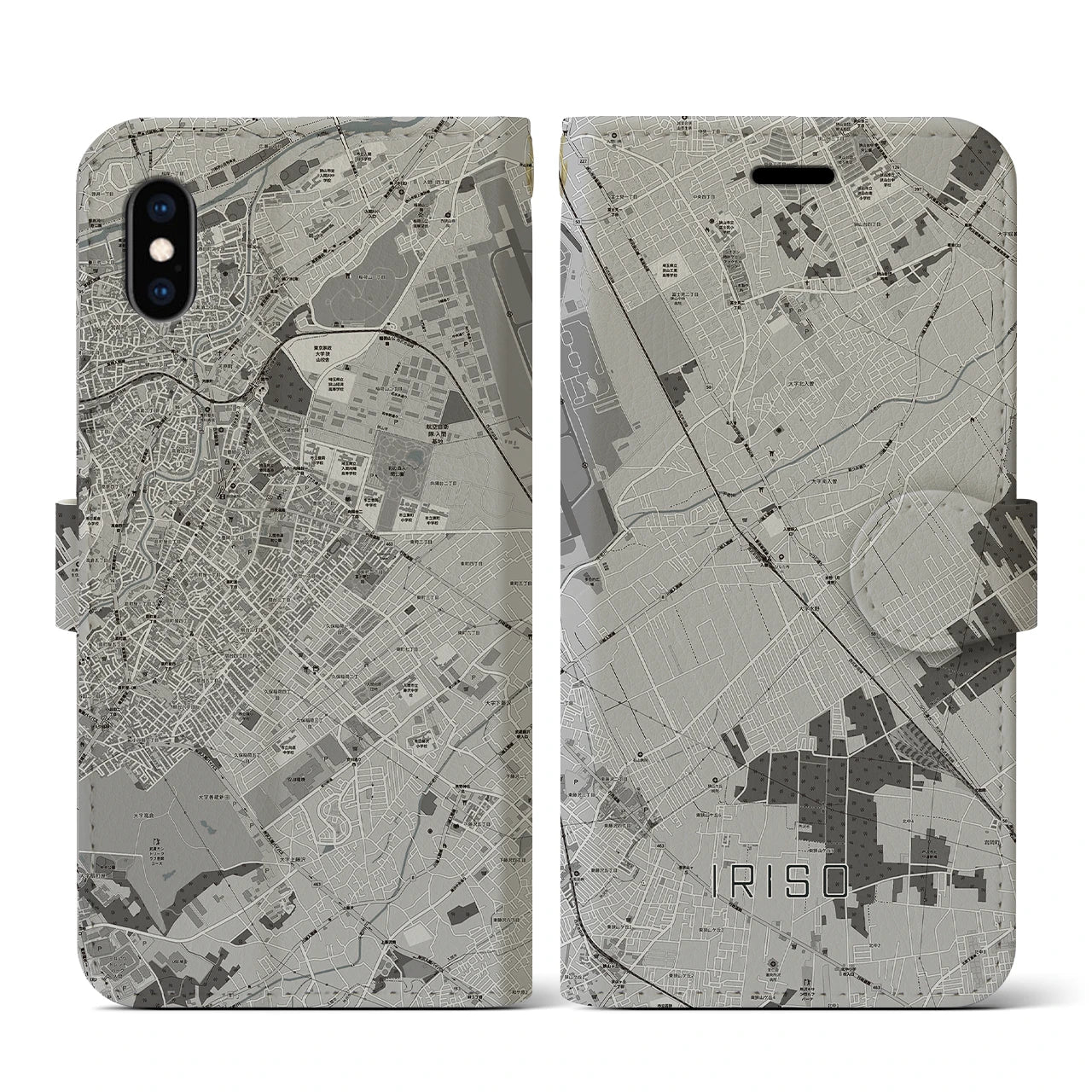 【入曽(埼玉県)】地図柄iPhoneケース(手帳タイプ)モノトーン・iPhone XS / X 用