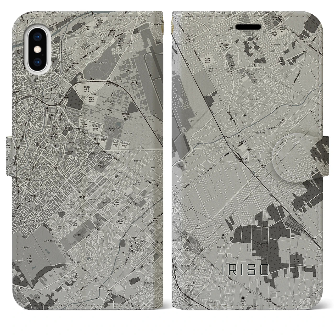 【入曽(埼玉県)】地図柄iPhoneケース(手帳タイプ)モノトーン・iPhone XS Max 用
