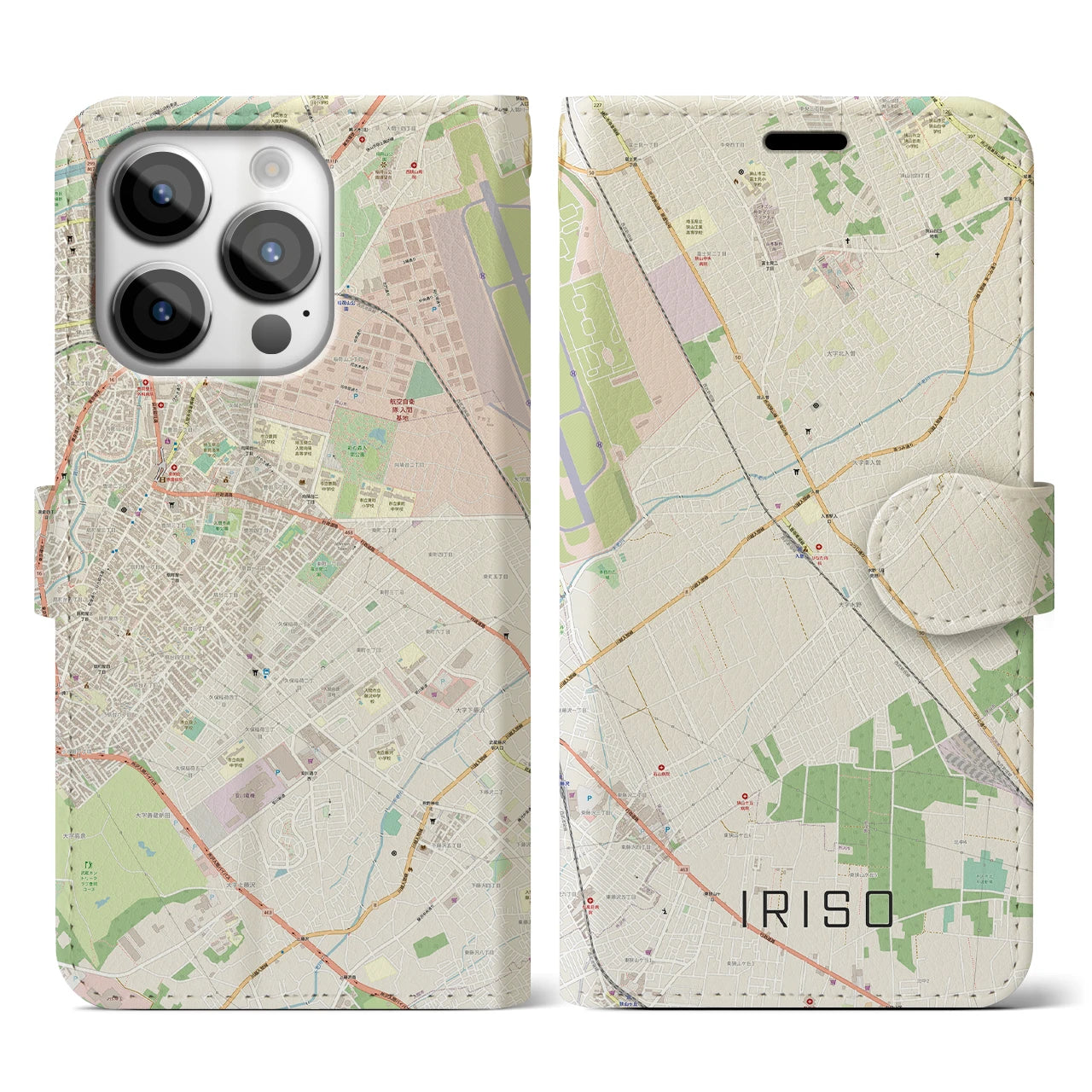 【入曽(埼玉県)】地図柄iPhoneケース(手帳タイプ)ナチュラル・iPhone 14 Pro 用