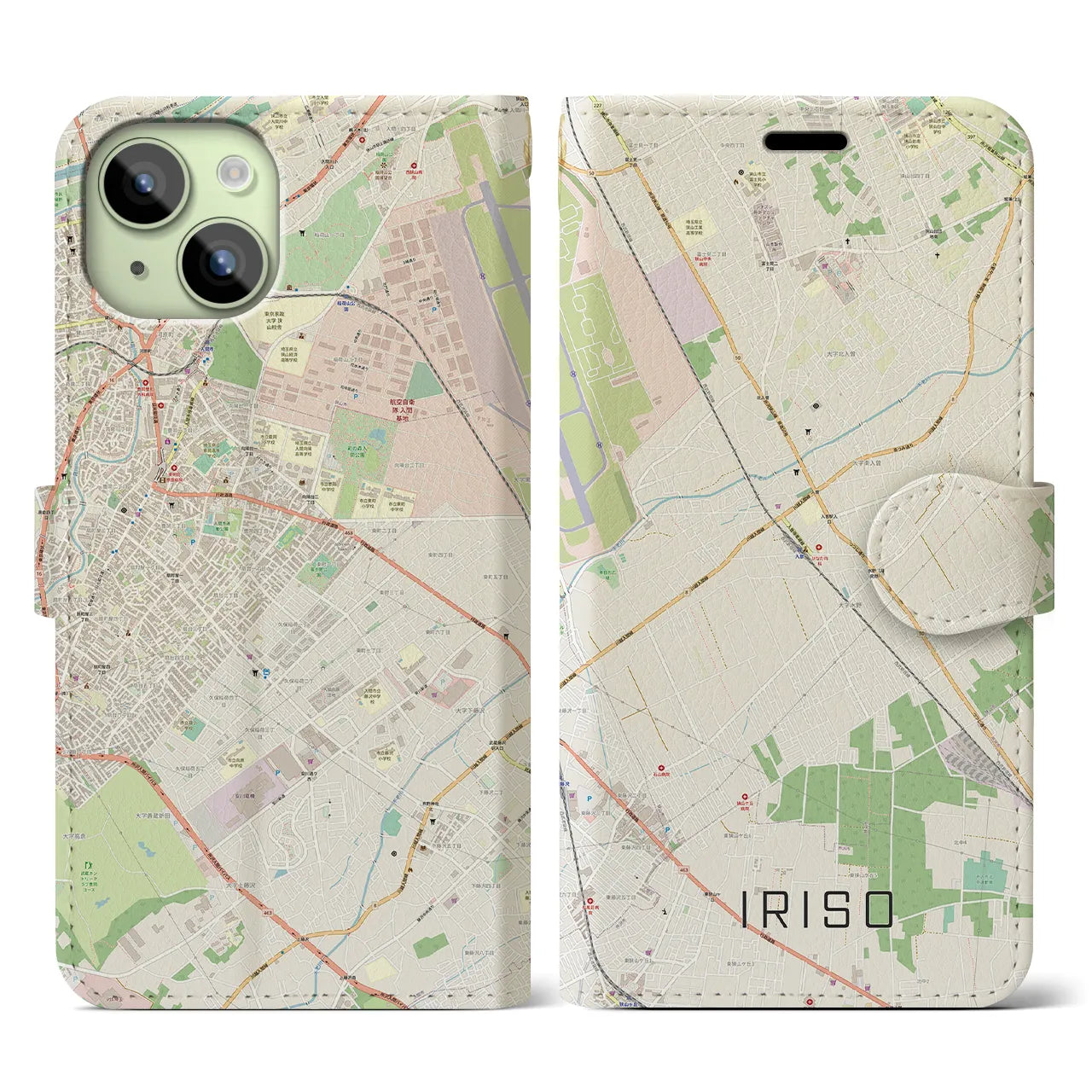 【入曽(埼玉県)】地図柄iPhoneケース(手帳タイプ)ナチュラル・iPhone 15 用