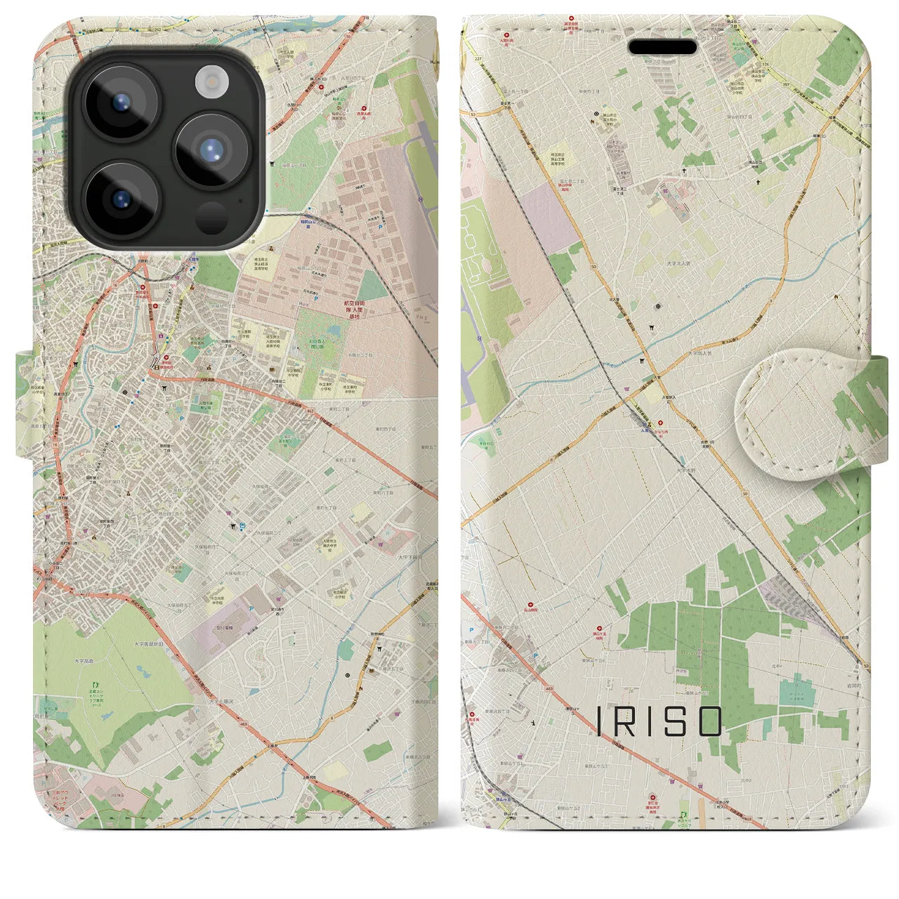 【入曽(埼玉県)】地図柄iPhoneケース(手帳タイプ)ナチュラル・iPhone 15 Pro Max 用