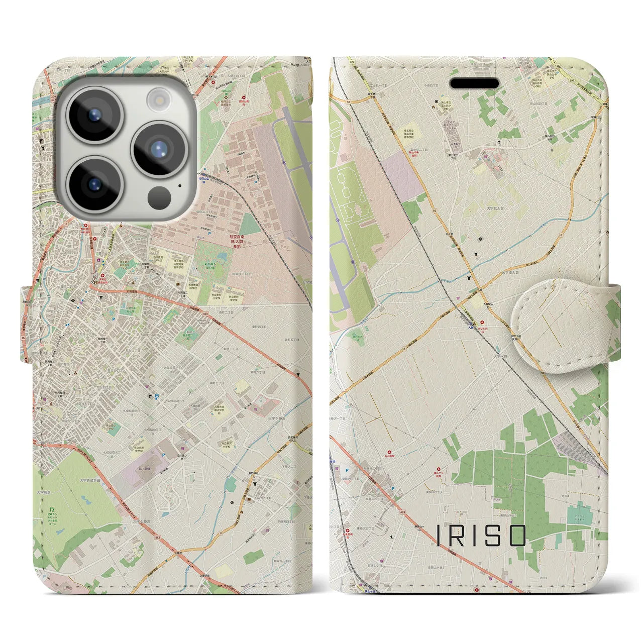 【入曽(埼玉県)】地図柄iPhoneケース(手帳タイプ)ナチュラル・iPhone 15 Pro 用