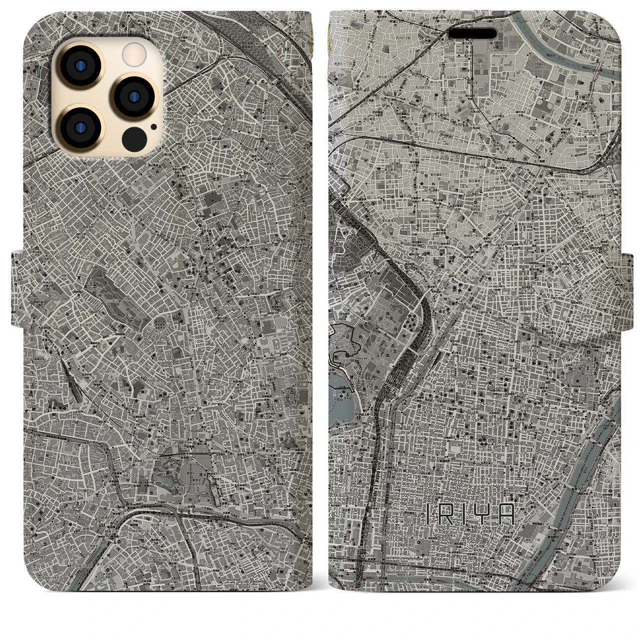 【入谷(東京都)】地図柄iPhoneケース(手帳タイプ)モノトーン・iPhone 12 Pro Max 用