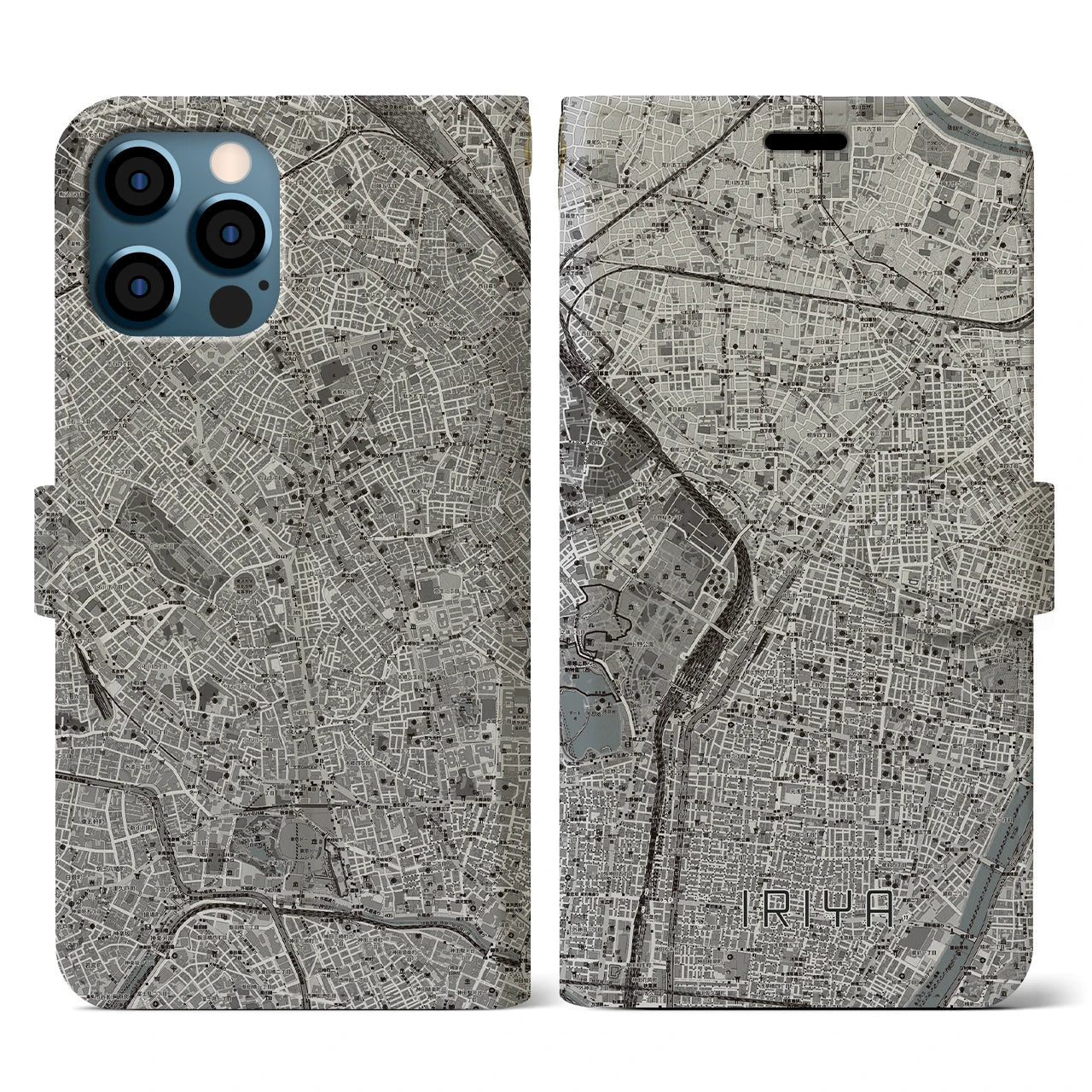 【入谷(東京都)】地図柄iPhoneケース(手帳タイプ)モノトーン・iPhone 12 / 12 Pro 用