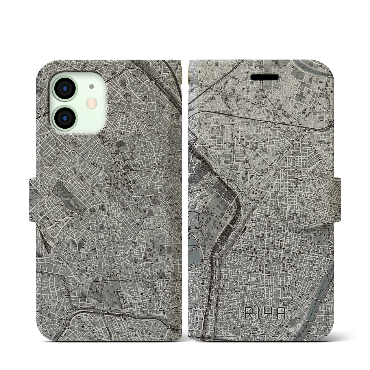 【入谷(東京都)】地図柄iPhoneケース(手帳タイプ)モノトーン・iPhone 12 mini 用