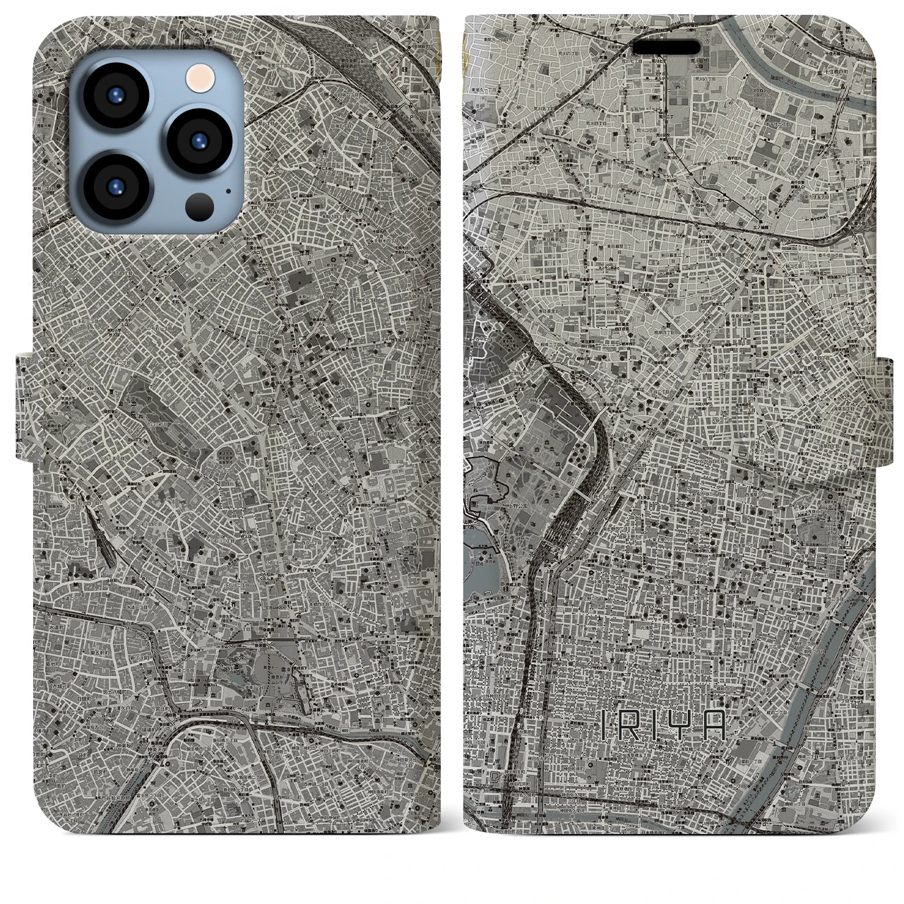 【入谷(東京都)】地図柄iPhoneケース(手帳タイプ)モノトーン・iPhone 13 Pro Max 用