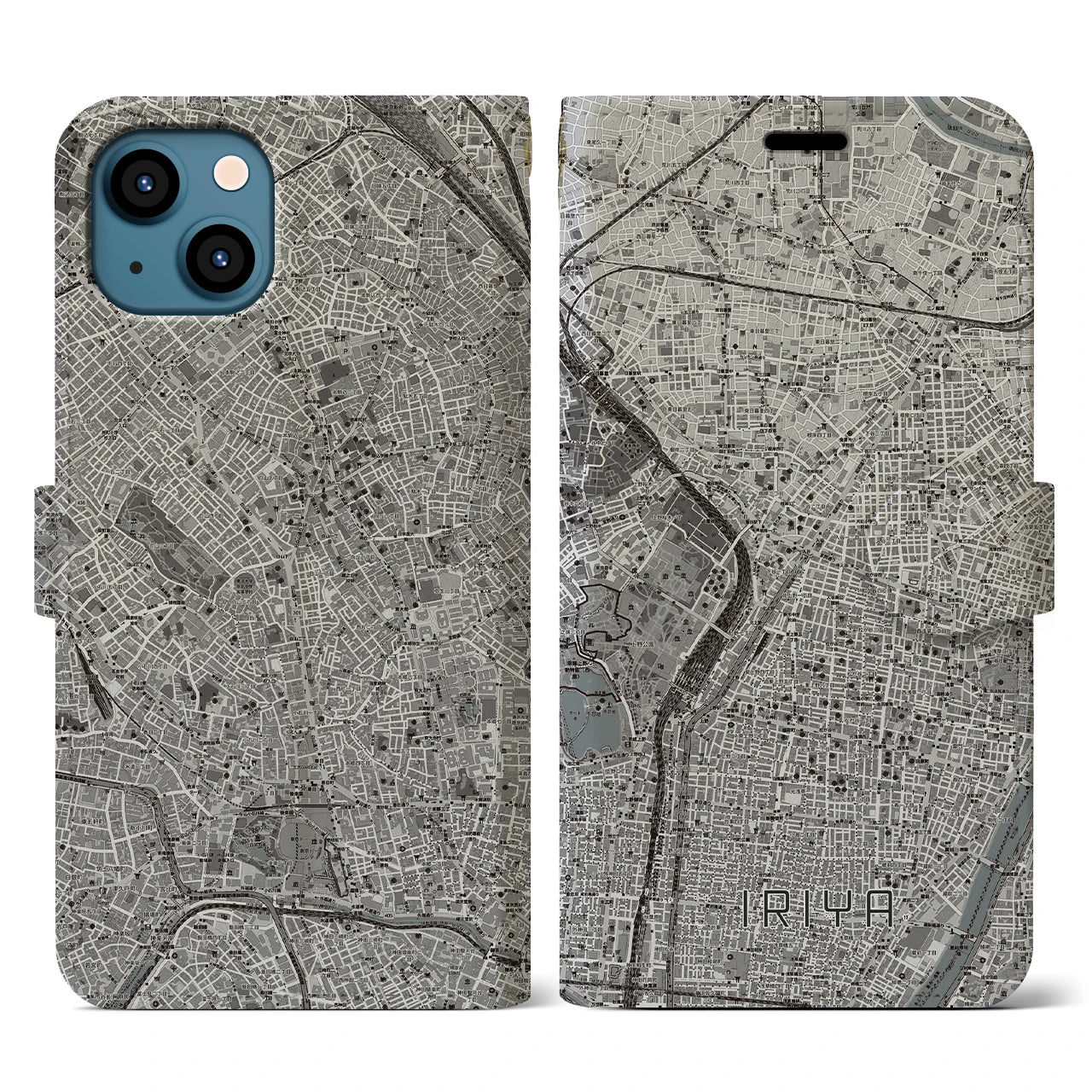 【入谷(東京都)】地図柄iPhoneケース(手帳タイプ)モノトーン・iPhone 13 用