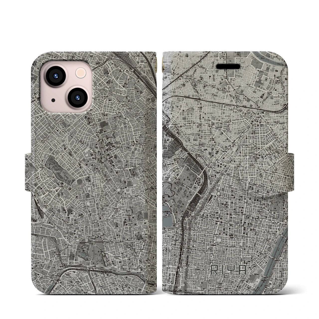 【入谷(東京都)】地図柄iPhoneケース(手帳タイプ)モノトーン・iPhone 13 mini 用