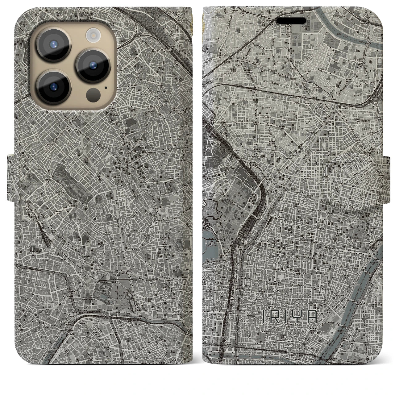 【入谷(東京都)】地図柄iPhoneケース(手帳タイプ)モノトーン・iPhone 14 Pro Max 用