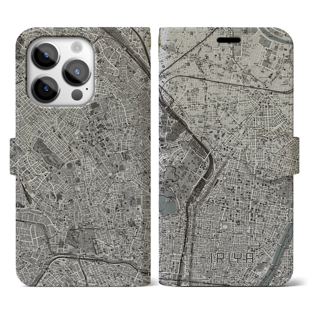 【入谷(東京都)】地図柄iPhoneケース(手帳タイプ)モノトーン・iPhone 14 Pro 用