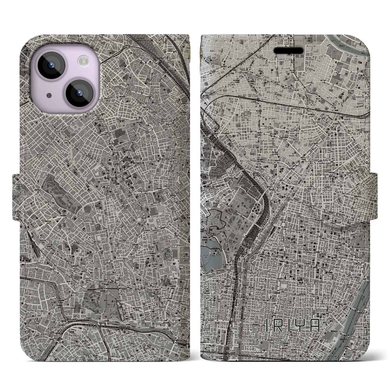 【入谷(東京都)】地図柄iPhoneケース(手帳タイプ)モノトーン・iPhone 14 用