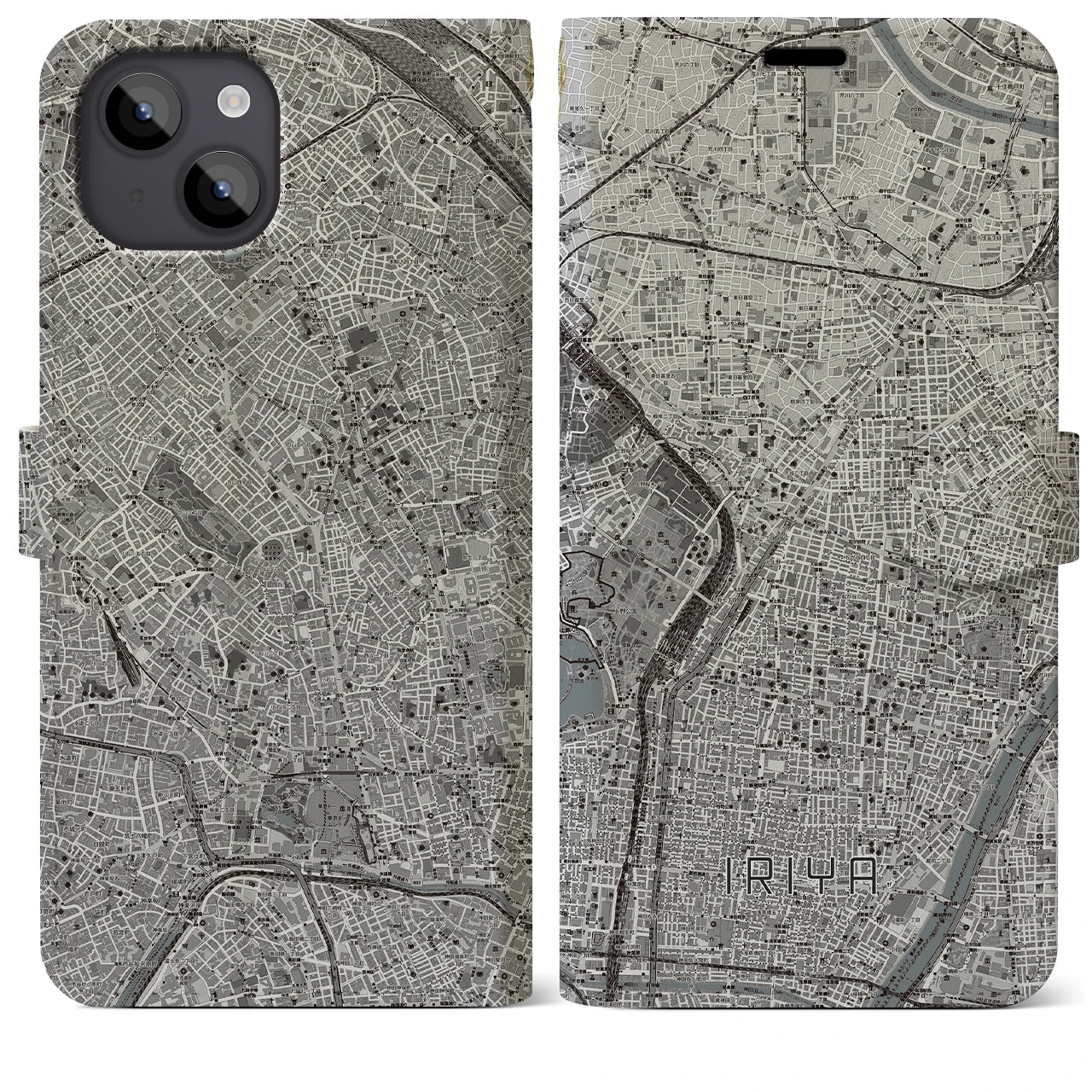 【入谷(東京都)】地図柄iPhoneケース(手帳タイプ)モノトーン・iPhone 14 Plus 用