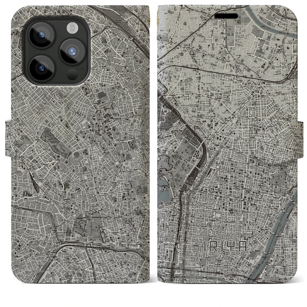 【入谷(東京都)】地図柄iPhoneケース(手帳タイプ)モノトーン・iPhone 15 Pro Max 用
