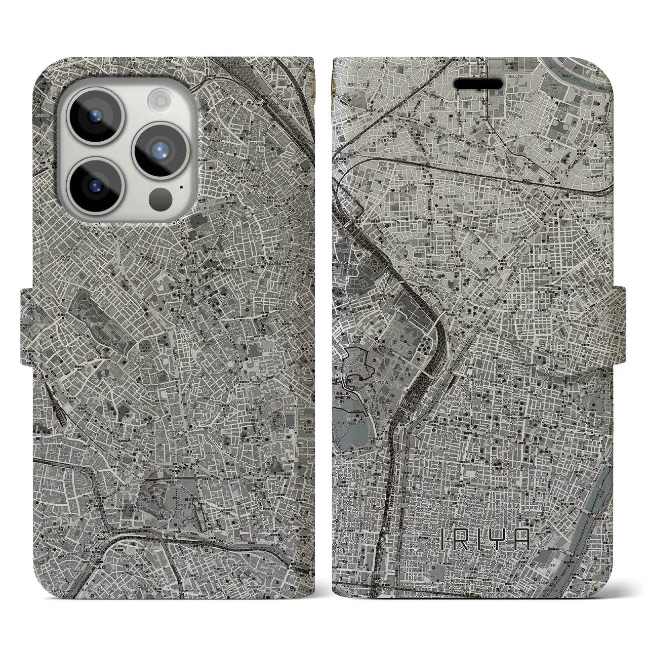 【入谷(東京都)】地図柄iPhoneケース(手帳タイプ)モノトーン・iPhone 15 Pro 用