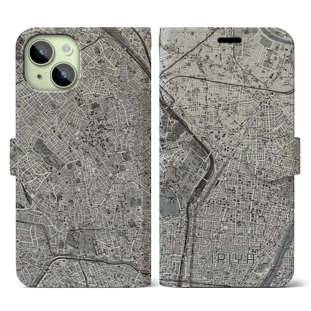 【入谷(東京都)】地図柄iPhoneケース(手帳タイプ)モノトーン・iPhone 15 用