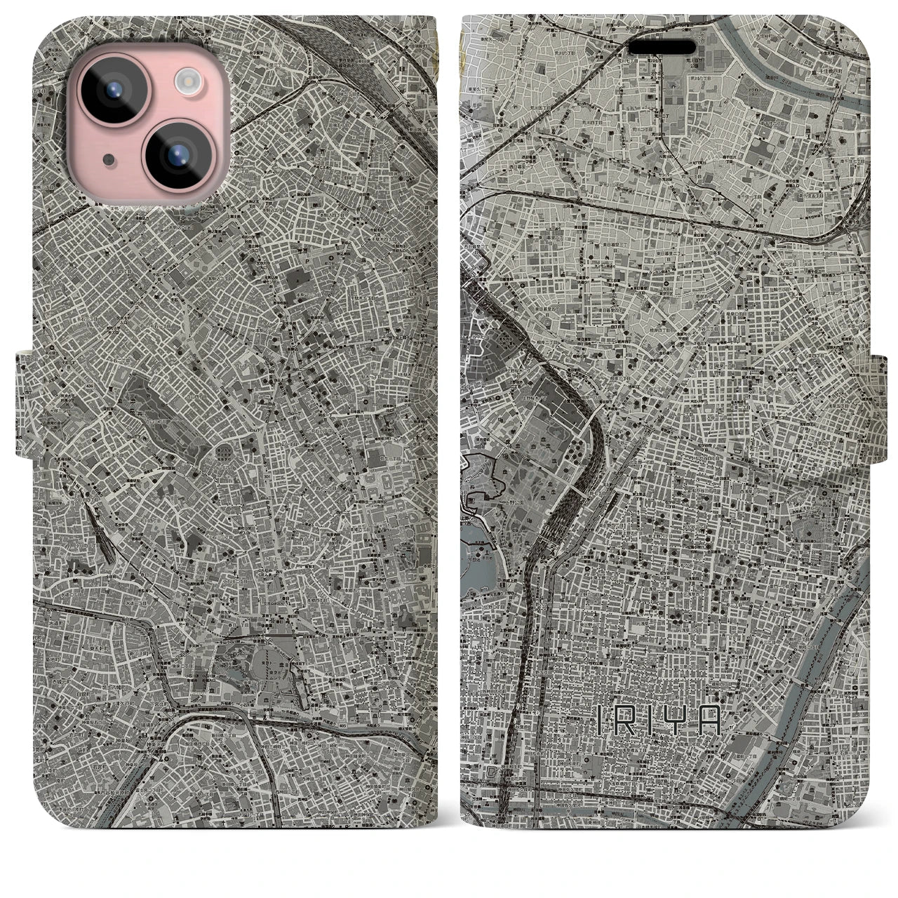 【入谷(東京都)】地図柄iPhoneケース(手帳タイプ)モノトーン・iPhone 15 Plus 用