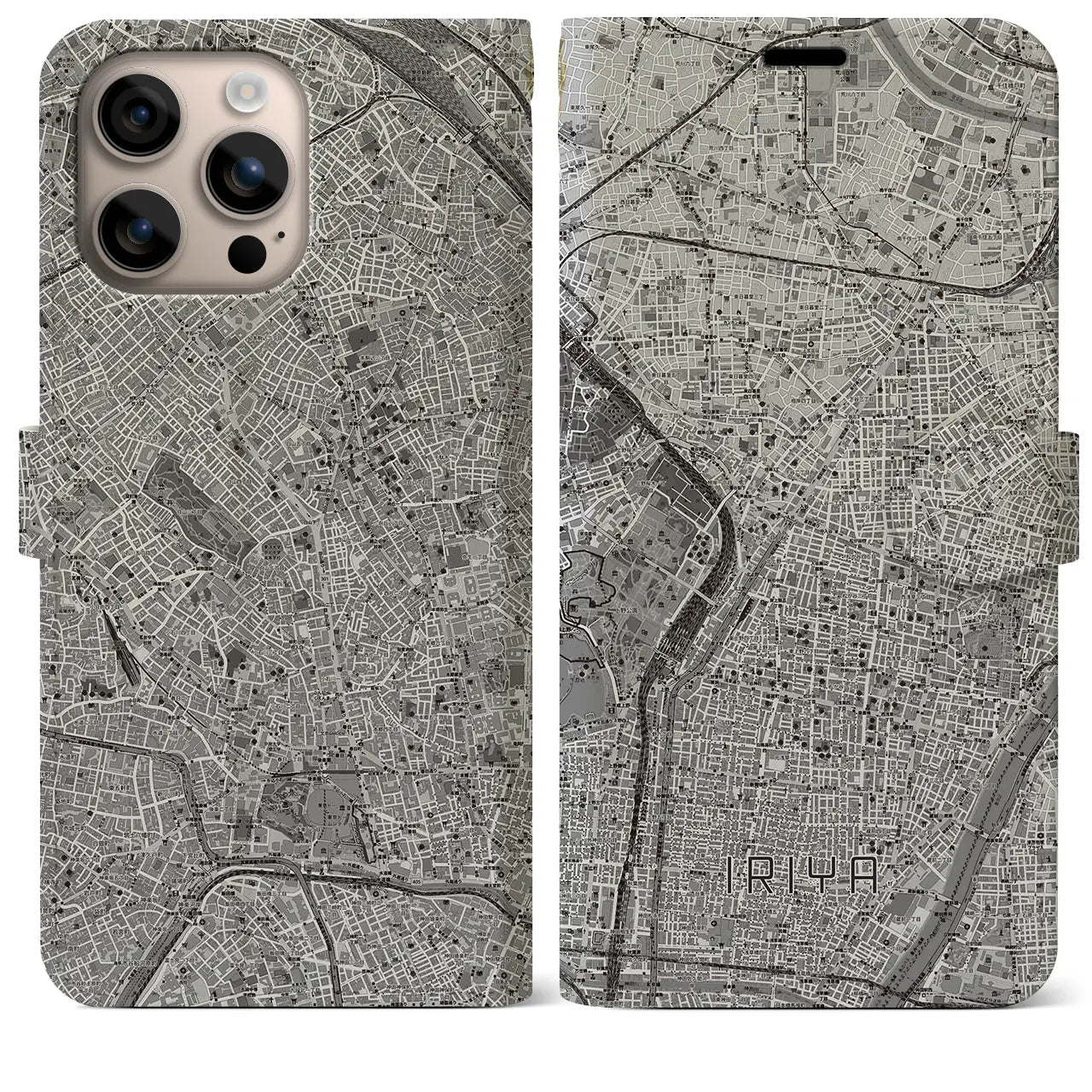 【入谷(東京都)】地図柄iPhoneケース(手帳タイプ)モノトーン・iPhone 16 Plus 用